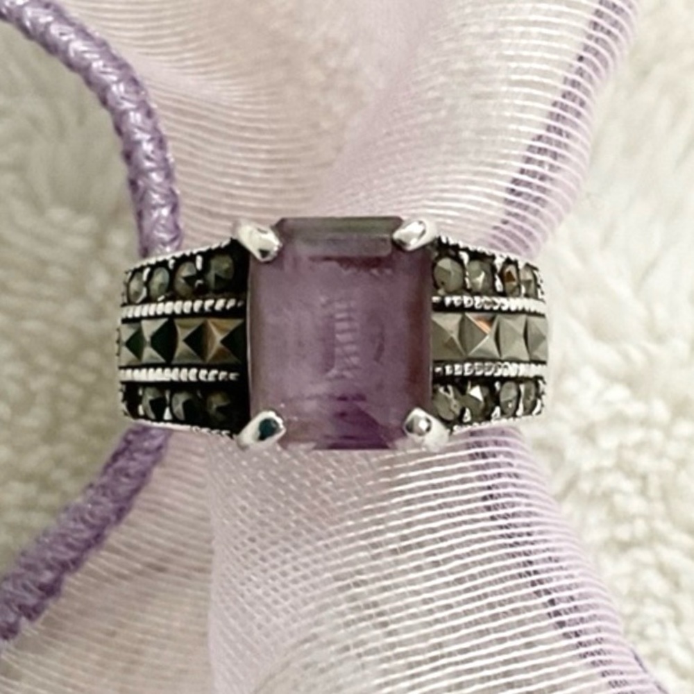 Vintage 925 Sterling Silver Amethyst Marcasite Ring Size 6 Art Deco
